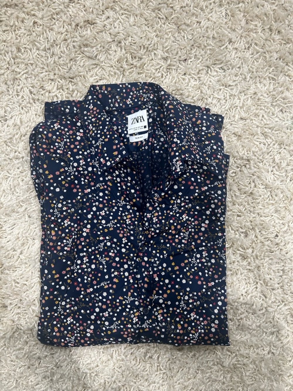 ZARA Navy Button-Down Shirt with Multicolor Floral Print
